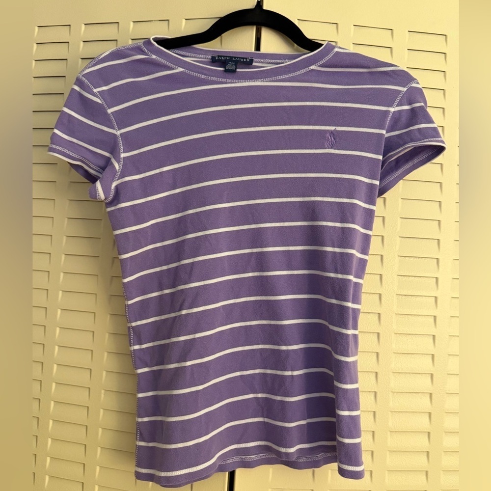 Ralph Lauren Purple Striped Cotton Tee – Size M